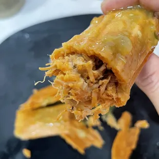 a hand holding a piece of food