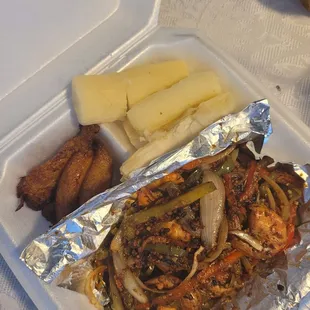 Shrimp, plantain, yuca