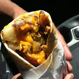 The "Heart Attack": bacon, sausage, chorizo, egg, cheese, beans &amp; potato on homemade tortilla @ $4.25