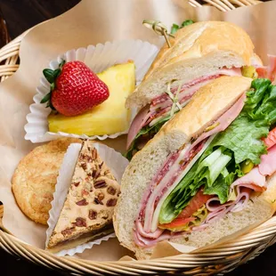 Italian Sub:
Ham OR turkey, salami, mortadella, provolone, pepperoncinis, lettuce, tomatoes &amp; vinaigrette on a french roll.