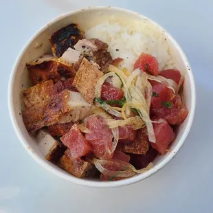 Sweet Onion Shoyu Poke and Roast Pork