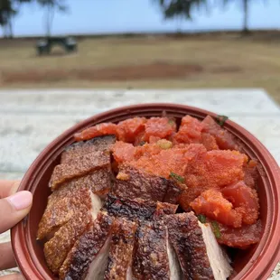 Meat and poke bowl - roast pork and wasabi masago ahi