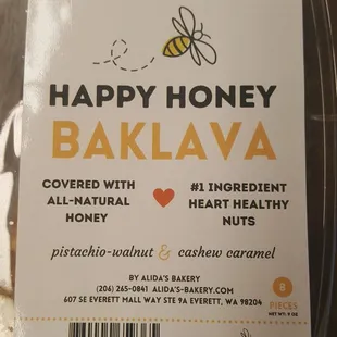 Happy Honey Baklava box, pistachio walnut and cashew caramel (4 of each flavor, $12, 1/14/22)