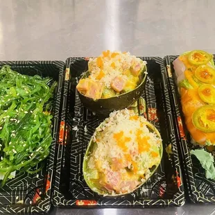 Seaweed salad, Avocado Bowl, Kiss on Fire Roll