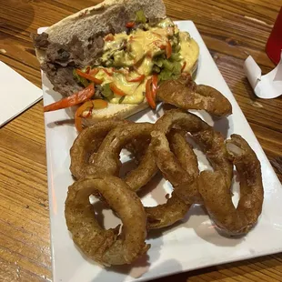 New Mexico Philly with onion rings.