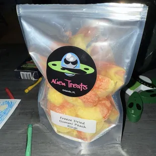 Freeze dried gummy peach rings