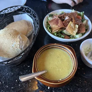 Crushed Lentil Soup and Fattoush Salad