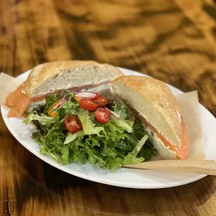 Smoked salmon sandwich with labneh cheese, capers and dill