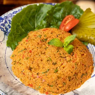 Traditional Turkish salad kisir made of fine bulgur, pickles, peppers, onions... a little sweet, a little sour, healthy and delicious!