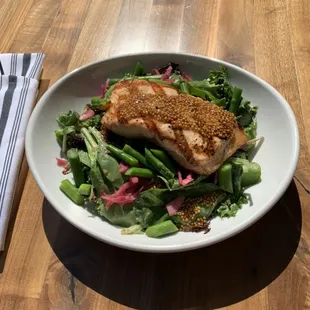 Salmon Salad: grilled salmon, spring mix, mustard seed, pickled onions, asparagus, mustard vinaigrette