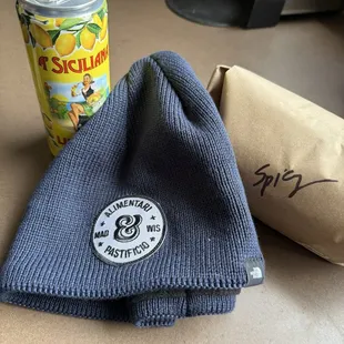 Spicy Sopressata Sandwich, warm hat and Italian soda.