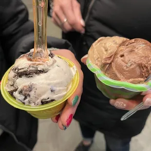 Grasshopper on the left, espresso chip and triple fudge brownie on the right.