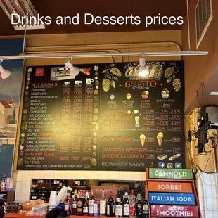 a menu for drinks and desserts