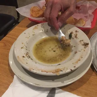 The broth from their excellent Beans and Greens.  This is how it is eaten, all of it!!