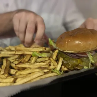 Burger and fries. The fries were a hit especially with the kids!