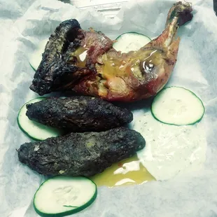 Kabob and chicken quarter.