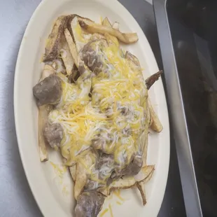 a plate of french fries covered in cheese