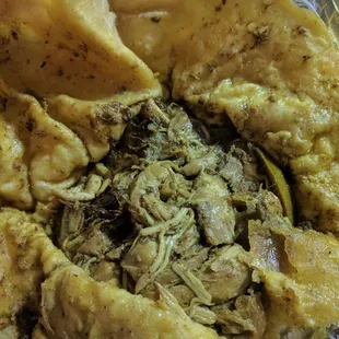 Large curry chicken roti with 3 sides (yellow rice, mango curry, potatoes)