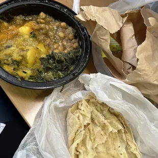 Vegetable buss up. (Greens, pumpkin, Potato &amp; Channa) pepper sauce and tamarind sauce.