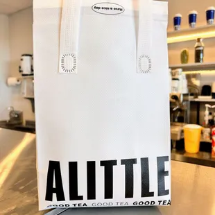 a white bag on a counter