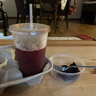 Gluten-Free Vegan Black Bean Brownies (delicious) and 24 oz. Veggie Juice (served over ice) (fresher than fresh)