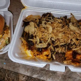 Loaded brisket mac and cheese and one of their classic burgers.