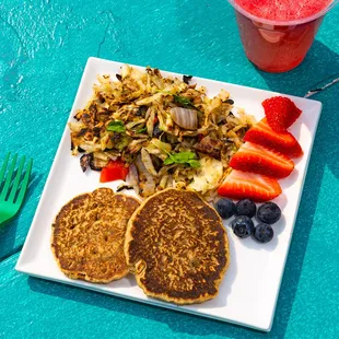 a plate of food and a drink