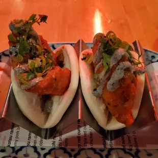 Fried Catfish Buns: chili paste, burnt citrus kewpie, cilantro.