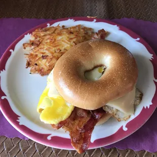 Bagel sandwich with bacon, egg and cheese.