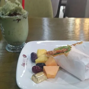 Dakgalbi wrap and red bean green freddo. You can choose to get fruit or chips with the wrap.