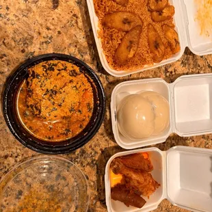 Fufu With Egusi beef Soup and Jollof Rice With Plantain and assort meat