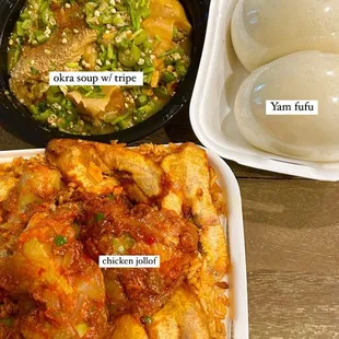 Okra soup w/tripe &amp; yam fufu, chicken jollof