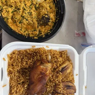 Beef Egusi and Jollof Rice With Plantain with chicken