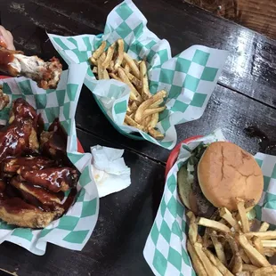Peppered Fries, Burger W/ lettuce, tomatoes and onions, 12 Piece "HOT" BBQ Boned IN Wings