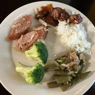 Sausage with sauerkraut, BBQ Pork, steamed rice, green beans, steamed broccoli