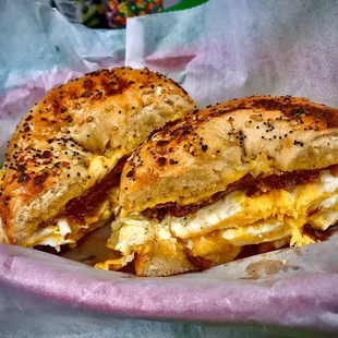 Bacon egg and cheese on NYC Everything Bagel