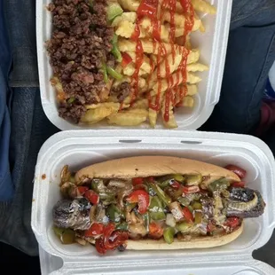 Philly Killer, Italian sausage and fries. Both Fully Loaded