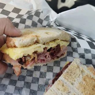 Ham and bacon breakfast sandwich