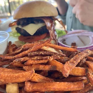 Mushrooms, Swiss, bacon, burger, sweet potato fries