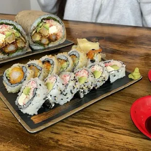 California Roll with cream cheese, Shrimp Tempura Roll,  Crescent Moon Sushi Burrito without unagi and instead cream cheese