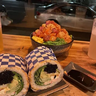 The Eclipse Sushi Burrito, All Blue Poke Bowl, Lychee Iced Green Tea, Peach Iced Green Tea