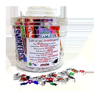 The perfect graduation gift for candy lovers! A clear plastic bucket is filled with 10 different candies and a graduation poem on the front!