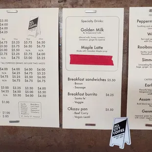 Menu. Pastries look like they&apos;re from Sea Wolf Bakers, not pictured (6/10/23)