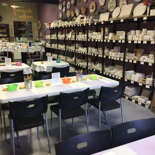 Our Wall of Pottery... TONS to Choose From and NEVER a Studio or Painting Fee!  Specials Show Up on Facebook