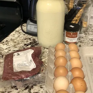 Raw Guernsey milk, eggs, ground round, cold/flu tea