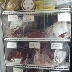 Frozen farm Beef selection. Ask if they have fresh available..they had fresh chicken in back.