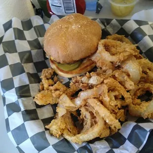 Cheeseburger with onion rings.