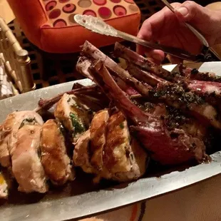 rolled chicken with spinach and apricot or lamb chop