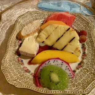 Chilled fruit plate with sour cherry sauce