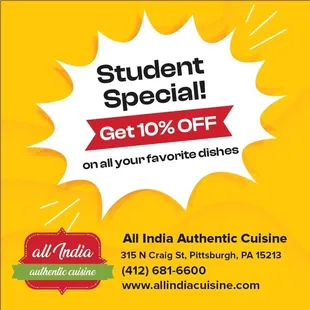 Good news Students Get 10% Off for All Time, Dining, Phone Call, Online our Website Only this offer not eligible any 3rd Party Apps